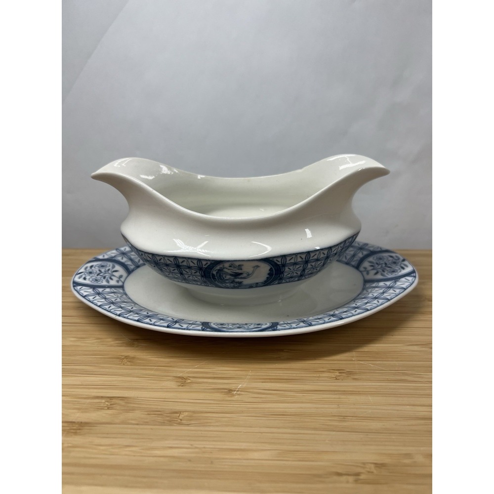 Johnson‎ Bros Mongolia Blue White Gravy Boat w Underplate England Vintage